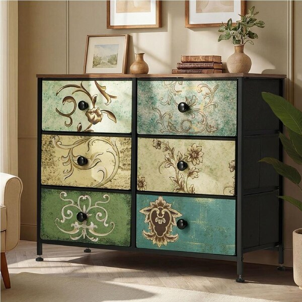 Oikiture 6 Chest of Drawers Fabric Storage Cabinet Retro Lowboy Organizer