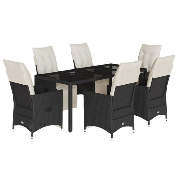 7 Piece Garden Dining Set with Cushions Black Poly Rattan vidaXL