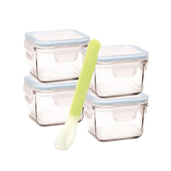 5 Piece Baby Food Container Set Square with Silicone Spoon 210ml 8.2X8.2X5.7cm Glasslock