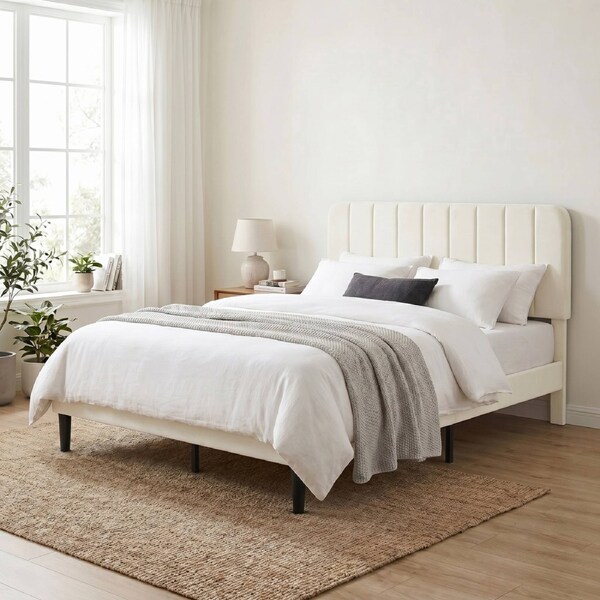 Levede Double Bed Frame with White Soft Fabric Headboard
