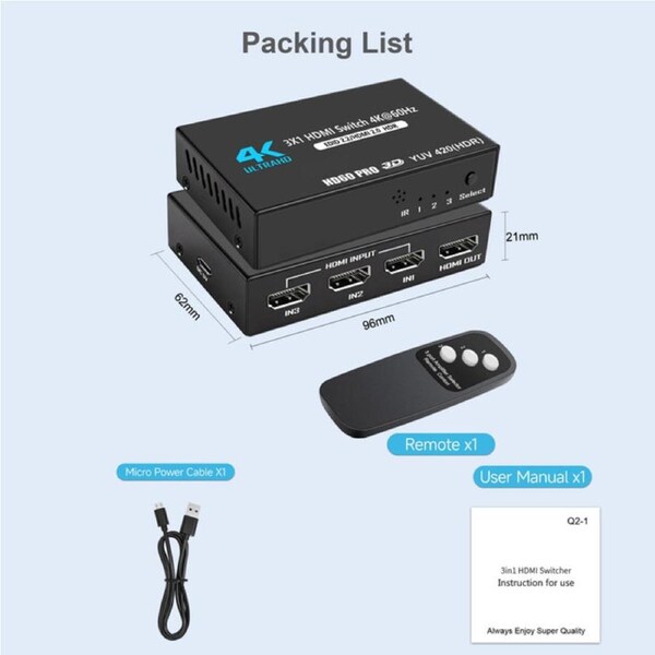 ESTONE HDMI Switch 3 Ports (3 x 1) 4K 60Hz, HDMI Splitter 3 in 1 Out HDMI Switcher Selector with IR Remote Control Support 3D HDCP2.2 for PS4/Xbox One/Fire TV/Apple TV, OZQ2-1