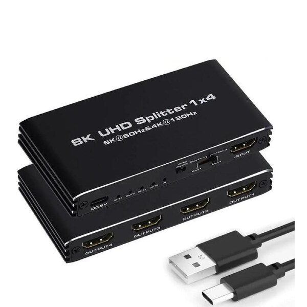 ESTONE 8K HDMI Splitter 1 in 4 Out, 8K HDMI Splitter V2.1b Powered Audio Video Distributor Duplicate/Mirror Screen, 1x4 HDMI Splitter for TV Support 8K 60Hz 3D for Xbox, PS5, Blu-Ray Player, HDTV