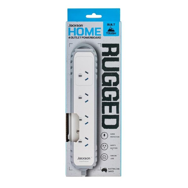 Jackson Rugged Home 4 Outlet Powerboard - 0.9m Cord - Surge Protection - Durable PVC