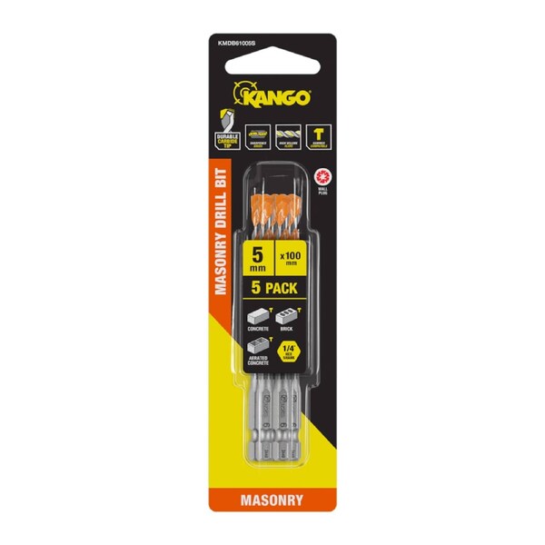 Kango 6 x 100mm Masonry Drill Bit 5 Pack - 1/4" Hex Carbide Tip for Concrete & Brick