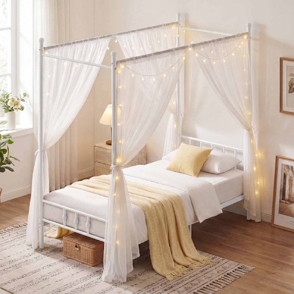 Costway Canopy Bed Frame Single Modern 4-Poster Metal Platform Bed Mattress Foundation Headboard Under-bed Storage White