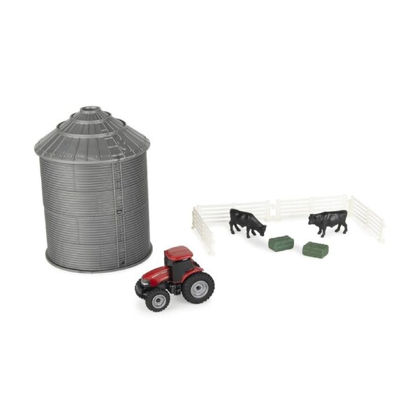 10pc Case IH 1:64 Mini Grain Bin Toy Playset W/ Tractor, Cattle, Hay Bales 3y+