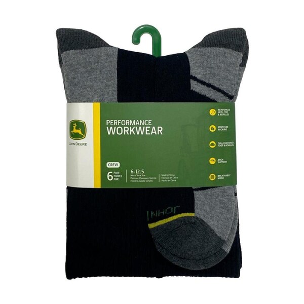 6pc John Deere Crew Performance Socks (Size 10-13) Black Mens