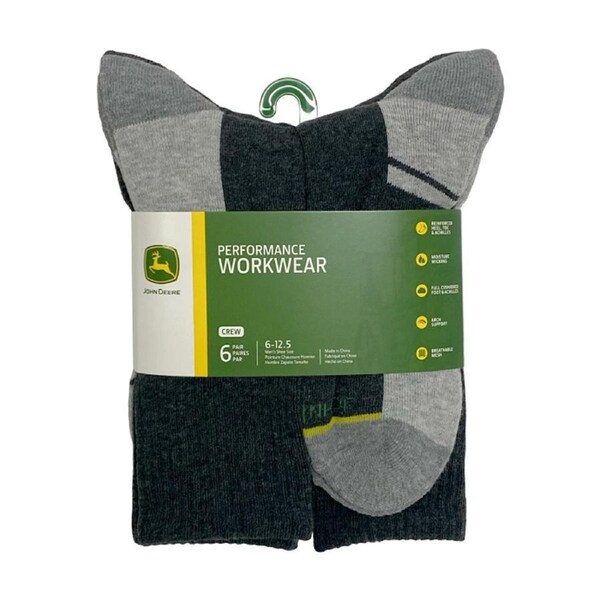6pc John Deere Crew Performance Socks (Size 10-13) Grey Mens