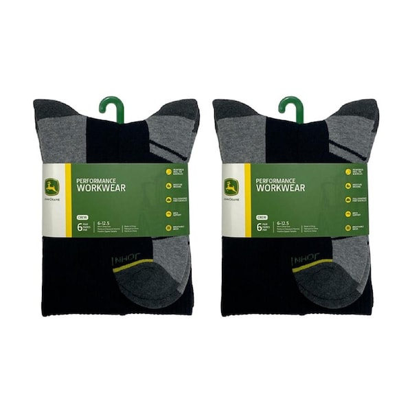 2x 6pc John Deere Crew Performance Socks (Size 10-13) Black Mens