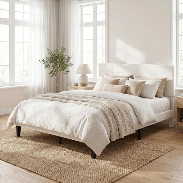 Levede Double Bed Frame with White Panelled Soft Fabric Headboard