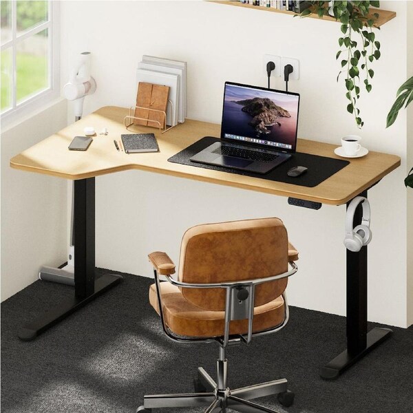 Oikiture L-shape Electric Standing Desk Single Motor Black Frame 145CM Desktop Single Motor Black Frame-OAK Desktop