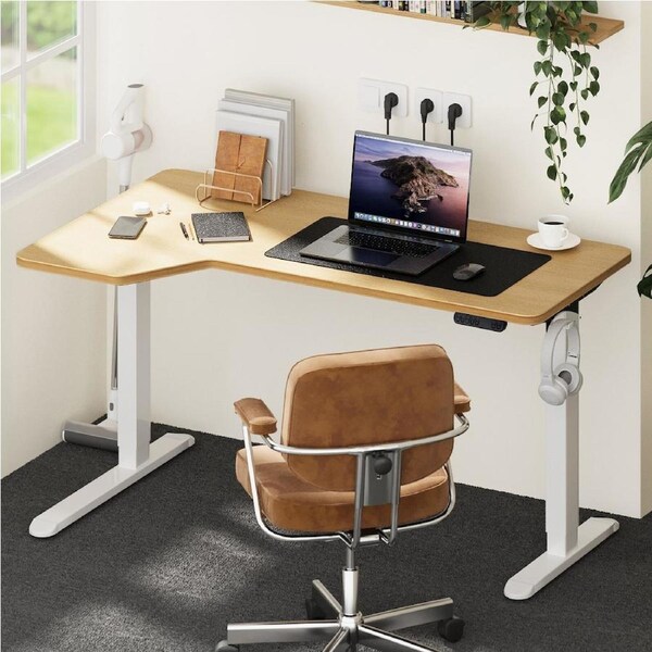 Oikiture L-shape Electric Standing Desk Single Motor Black Frame 145CM Desktop Single Motor White Frame-OAK Desktop