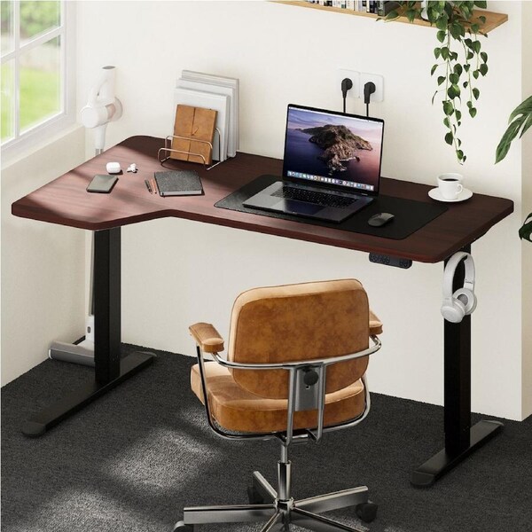 Oikiture L-shape Electric Standing Desk Single Motor Black Frame 145CM Desktop Single Motor Black Frame-Walnut Desktop