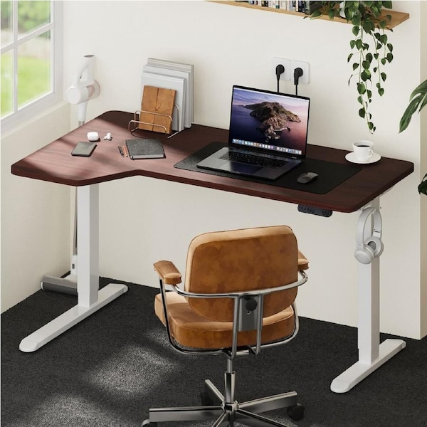 Oikiture L-shape Electric Standing Desk Single Motor Black Frame 145CM Desktop Single Motor White Frame-Walnut Desktop
