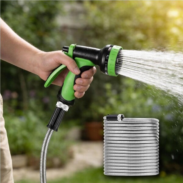 ZUNI 100FT Expandable Garden Water Hose Pipe with 10 Function Spray Nozzle Silver