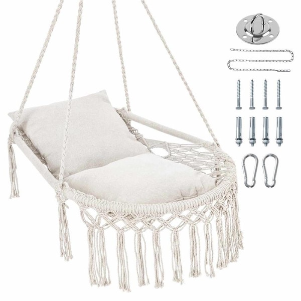 Costway Macrame Swing Chair Boho Hanging Hammock Bed 2 Removable Cushion In/Outdoor Patio Bedroom Balcony Living Beige