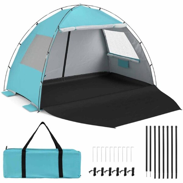 Costway Beach Tent w/Canopy Sun Shelter 3-4 Person Pop Up UPF50+ Shade Canopy Light Family Cabana Carry Bag Camping Blue
