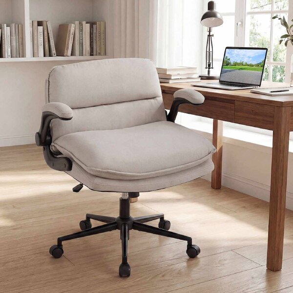 Costway Office Desk Chair Flip up Arms Vanity Stool Swivel Criss Cross Armchair w/Backrest Padded Adjustable Study Beige