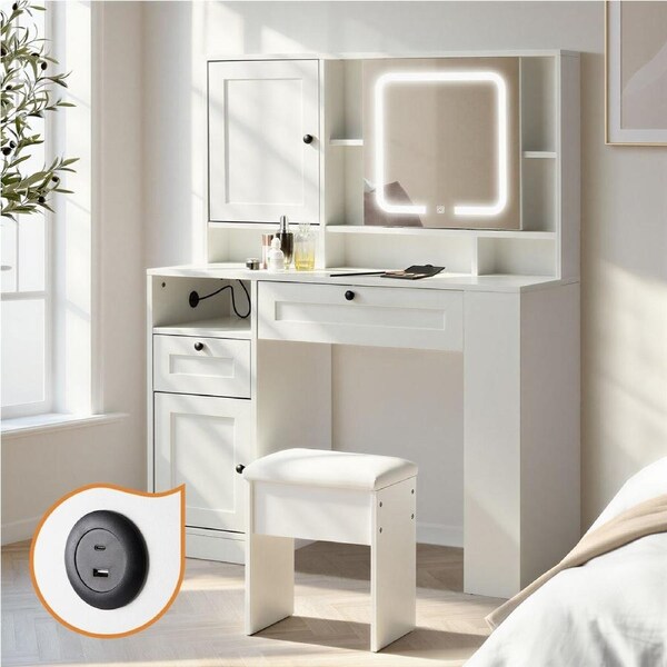 Oikiture Dressing Table Stool Set LED Mirror Makeup Desk With Charging Station