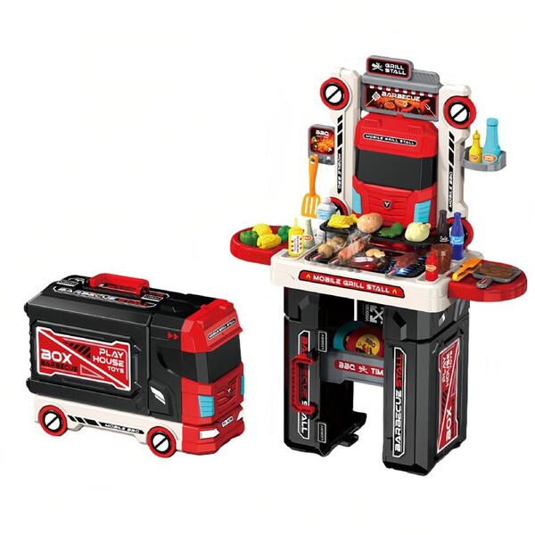 HOLALA Kids Pretend Kitchen Playset Set 2in1 BBQ Truck Toys with Steam Sound Light