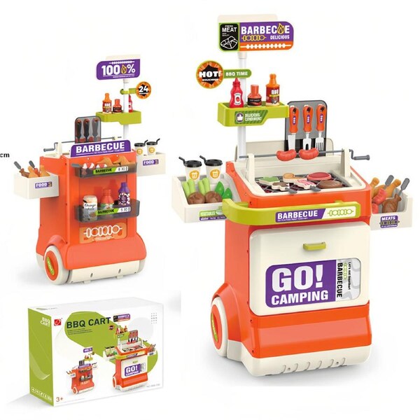 HOLALA Kids Kitchen Playset BBQ Cart Toy with Sound Light Spray Pretend Cooking Toy-Orange