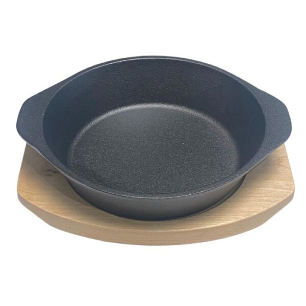 Fissman Cast Iron Pan 19cm With Two Thick Side Handles On Wooden Sizzling Plate Tray