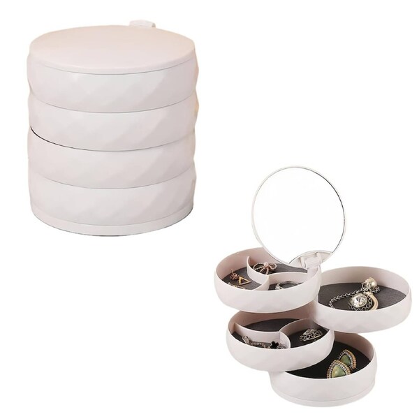 Nevenka Rotating Jewelry Storage Tray with Mirror and Lid-White