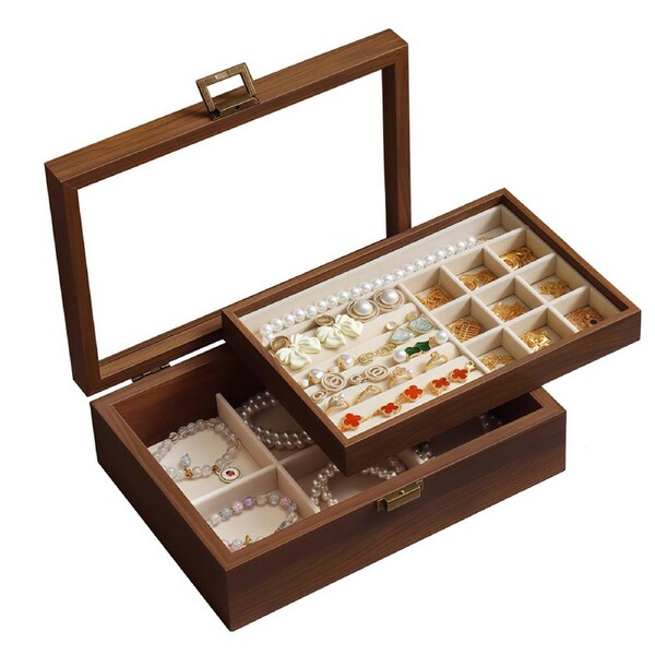 Nevenka Wooden Jewelry Box with Glass Lid -Layer Storage