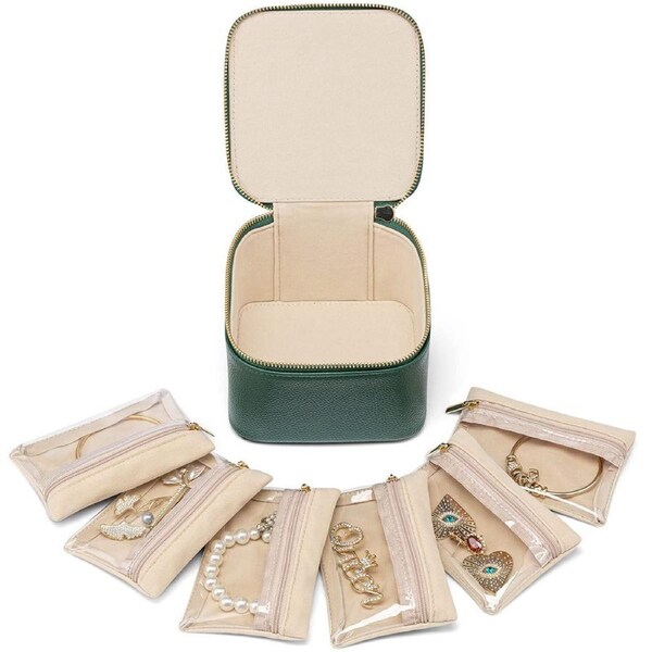 Nevenka Travel Jewelry Organizer with 6 Velvet Zipper Pockets-Green
