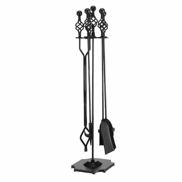 Fireplace Tool Set 5 Piece Firepit Accessories Fire Place Poker Brush Tongs Shovel Black Cast Iron Modern 85cm Fireside Stand Indoor Outdoor Campfire