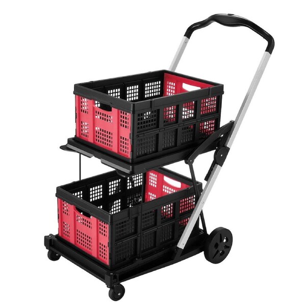 Folding Shopping Cart Trolley Hand Truck 2 Baskets Utility Luggage Collapsible Foldable Dolly for Tennis Ball Grocery Camping Office Moving 4 Wheels