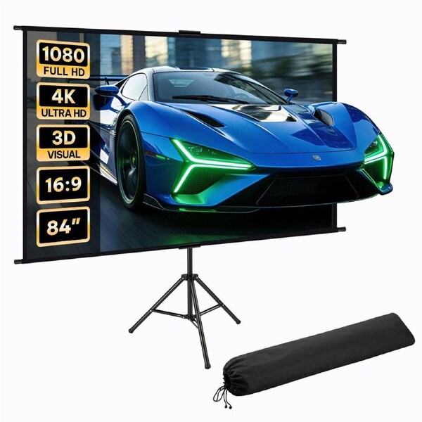 84 Inch Projector Screen Tripod 4K Ultra HD 16:9 Large Home Theatre Movie Cinema TV Projection Portable Foldable 3D Indoor Outdoor Backyard Events