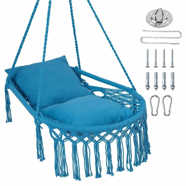 Costway Macrame Swing Chair Boho Hanging Hammock Bed 2 Removable Cushion Indoor/Outdoor Patio Bedroom Balcony Blue