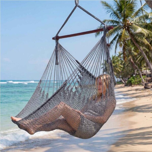 Costway Caribbean Hammock Chair Stretchable Hanging Rope Swing Sit/Lie Down w/Tassel Indoor Outdoor Camping Grey
