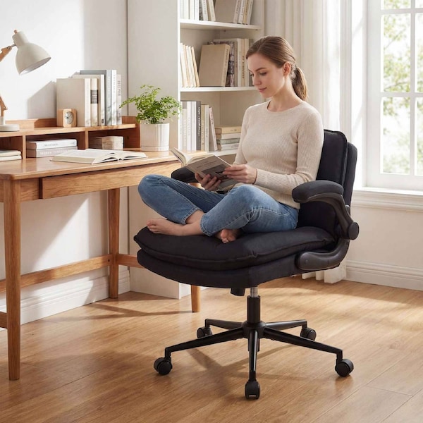 Costway Office Desk Chair Flip up Arms Vanity Stool w/Backrest Swivel Criss Cross Armchair Padded Adjustable Dark Grey