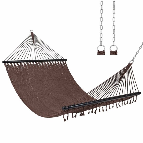 Costway Caribbean Hammock Bed 308cm 2 Person Outdoor Hanging Rope Chair Soft-Spun Swing Bed Camping Pool Travel Brown