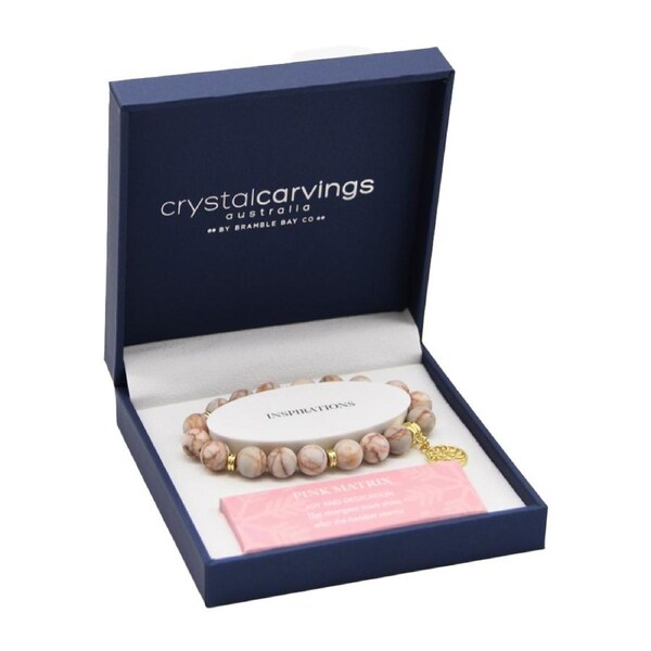 Bramble Bay Pink Matrix Matte Gold Tree of Life Charm Beaded Bracelet 10mm