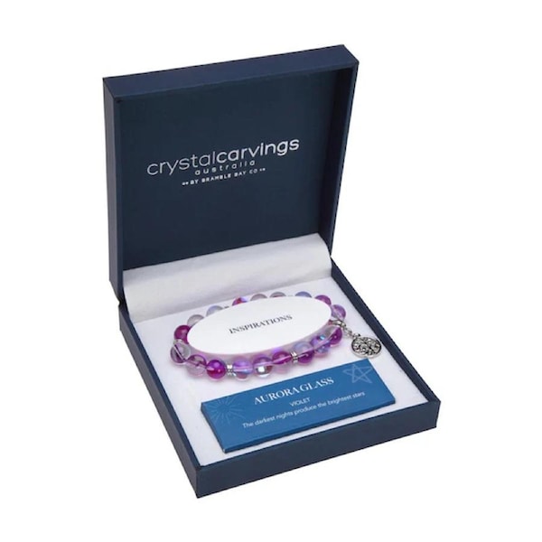Bramble Bay Violet Aurora Glass Tree of Life Charm Beaded Bracelet 10mm