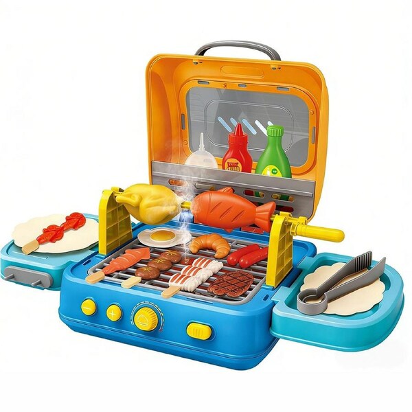 HOLALA 28PCS Kids Kitchen Playset Cooking Toy Set with Cookware BBQ Grill for Boys-Blue