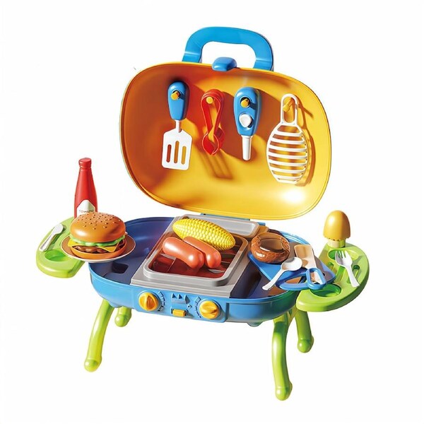 HOLALA Grill Playset Kitchen Pretend Play Set with Light Sound for Kids-Blue