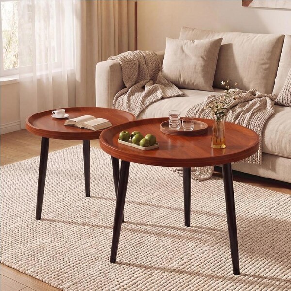 Advwin Nesting Coffee Tables Set of 2 Convertible Side Table Walnut