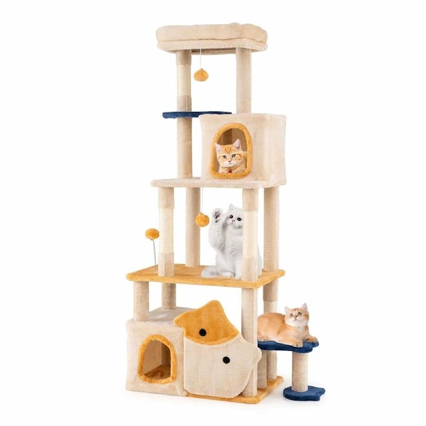 Costway 159cm Cat Tree Tower Condo Sisal Scratching Posts Removable Plush Perch Fish-shape Platforms Pet Furniture