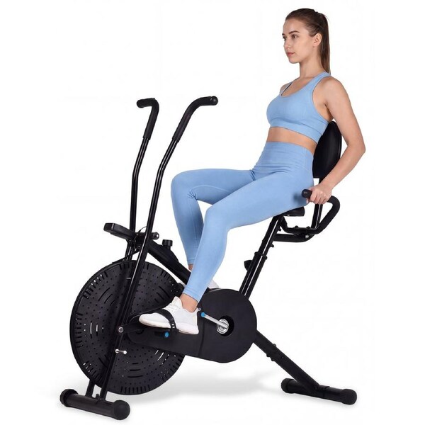 Advwin Air Exercise Bike Fan Resistance Upright Cycle with Heart Rate Monitor & LCD Display - Adjustable Resistance, Seat with Backrest & Armrests, Dual Action Handlebars for Home Cardio Workout