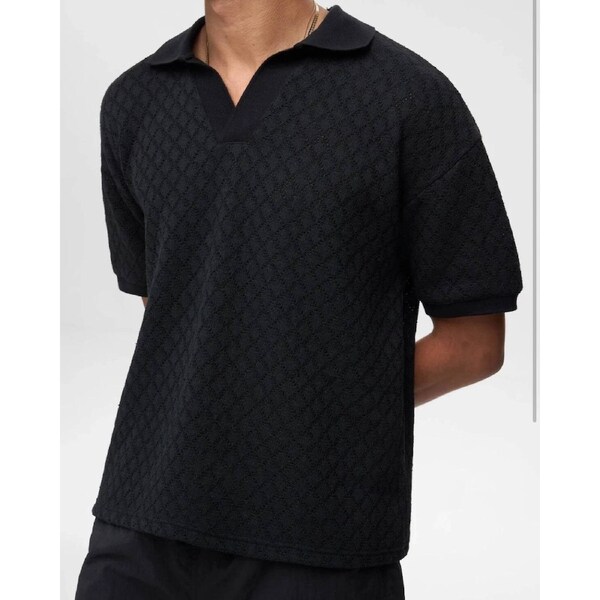 Open Collar Diamond Knitted Polo Black Size 4XL