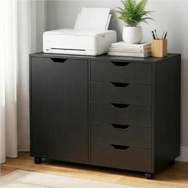 Artiss Mobile Filing Cabinet 5 Drawer with Door Modern Storage Cabinet Printer Stand Black