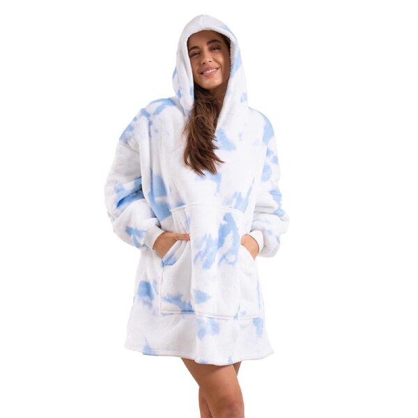 Royal Comfort Snug Hoodie Nightwear Super Soft Reversible Fleece 750GSM White Blue
