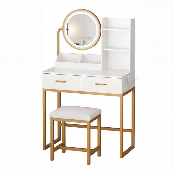 Dressing Table Stool Set Vanity Dresser White Makeup Desk Modern Bedroom Furniture LED Lighted Mirror 3 Lighting Colours 2 Drawers 3 Storage Shelves
