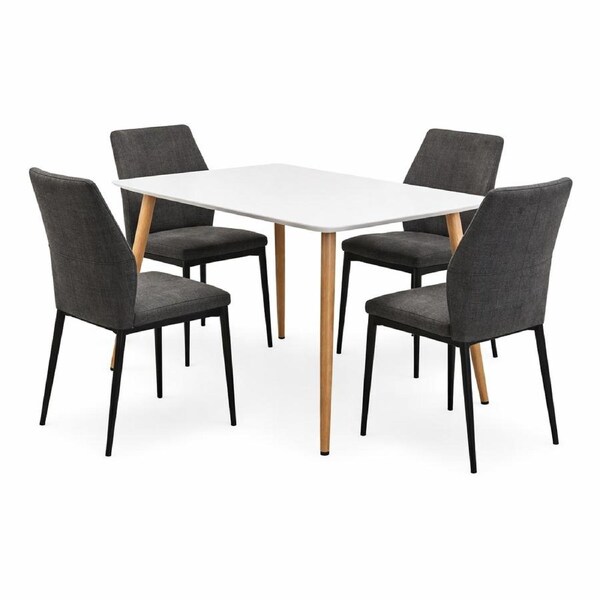 FORET Dining Table Set For 4 White Table Dark Grey Fabric Chairs