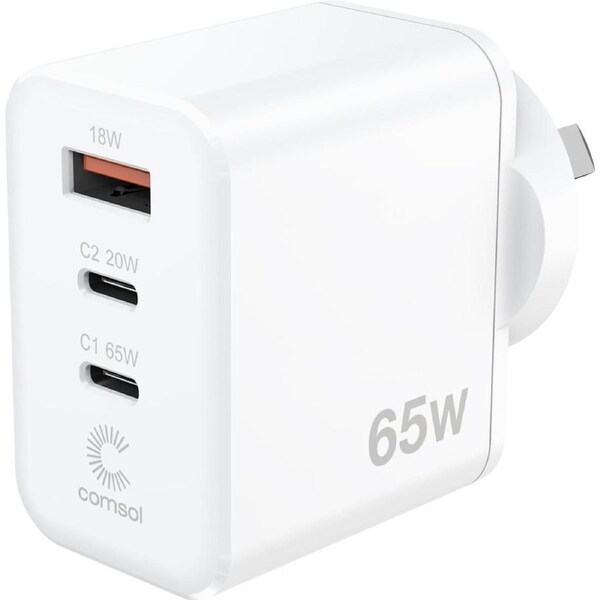 Comsol Three Port Dual USB-C & USB-A Wall Charging Charger White 65W