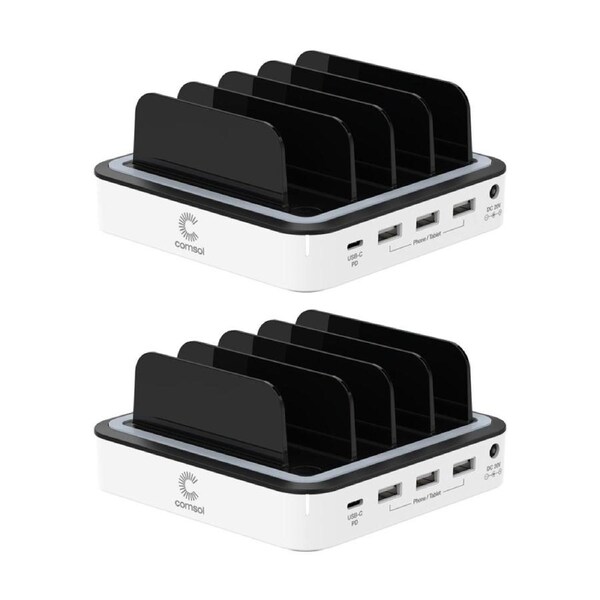 2PK Comsol 4 Port Desktop USB-C & 3 USB-A Charging Station 2.4A Ports White 48W